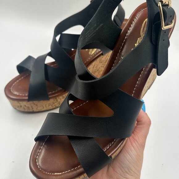 Seven 7 Winnie Wedge Black Wooden Cork Womens Size 9 Strappy Buckle Heel - Picture 4 of 7